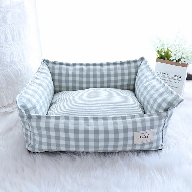 Striped Cotton Pet Bed Sofa for Cats & Small Dogs — Indoor Puppy Kennel (S/M) 50x40x20cm & 60x50x20cm (19.6x15.7x7.8 in & 23.6x19.6x7.8 in) Green China Mainland