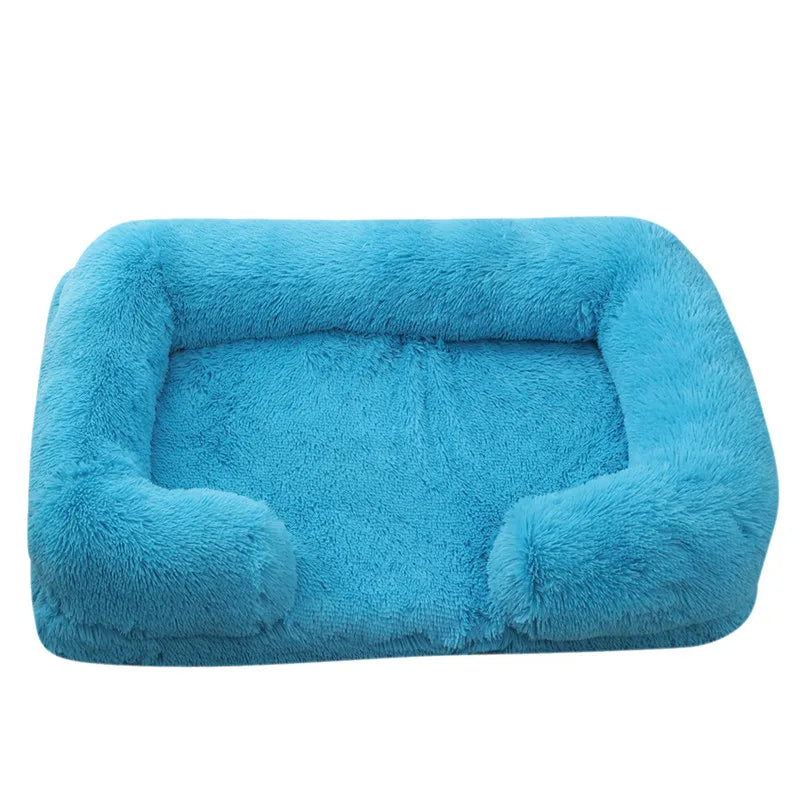 Plush Dog Bed with Removable Cover – Thickened Winter Pet Sofa Pad, Square, Small & Large Blue