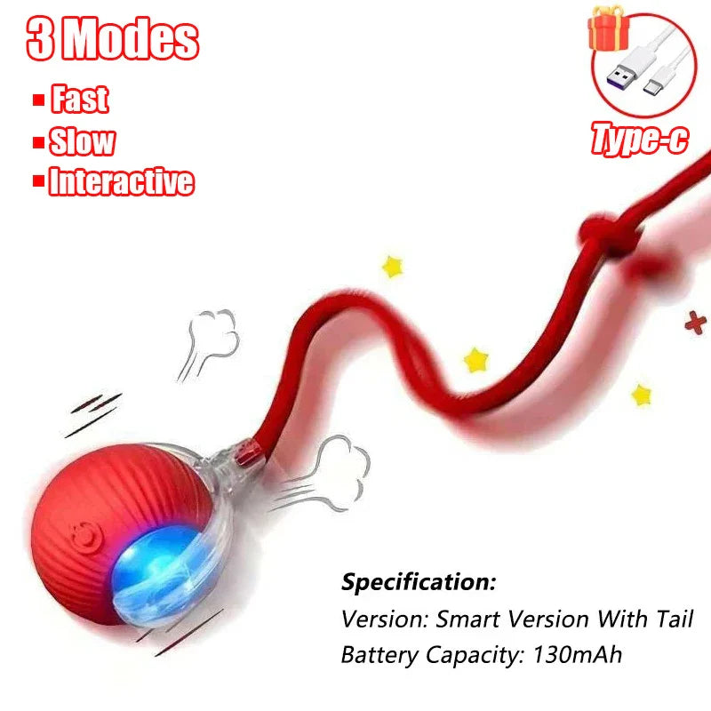 Interactive Automatic Rolling Ball Toy for Cats and Dogs, Rechargeable Smart Pet Toy with Faux Tail New Version Red