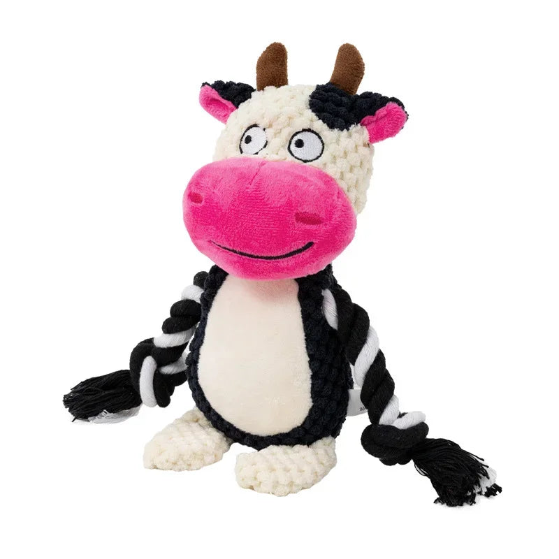 Indestructible Plush Squeaky Dog Chew Toy - Bite-Resistant Puppy Rattle for Small & Medium Dogs (7.5 x 3 in / 19 x 8 cm) - Assorted Animal Designs Cow