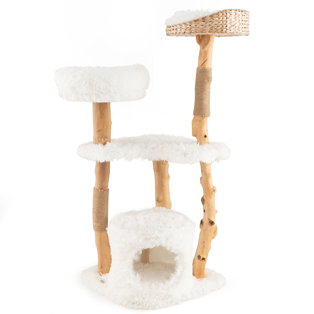 Solid Wood Cat Tower with Top Cattail Basket Cat Bed White