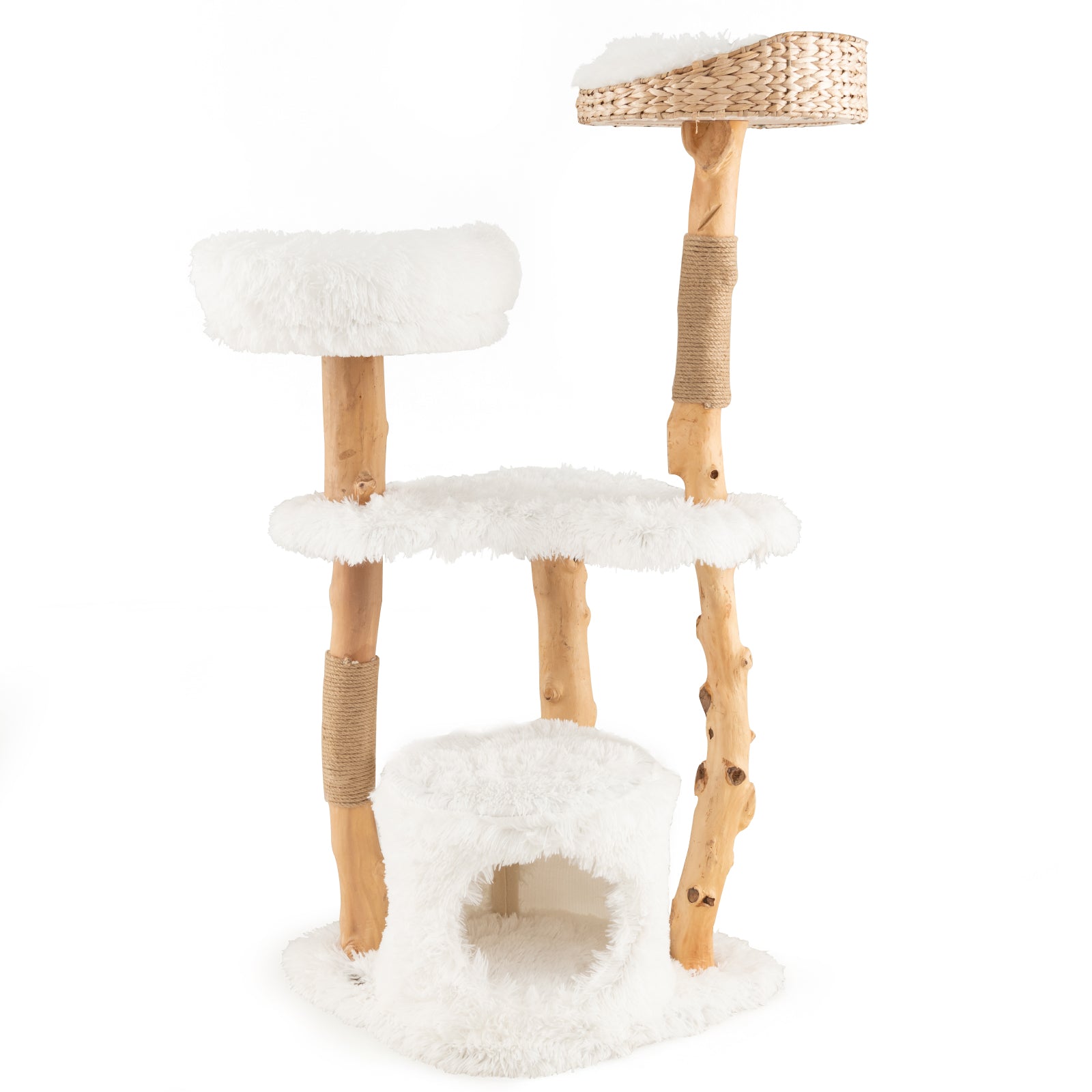 Solid Wood Cat Tower with Top Cattail Basket Cat Bed White