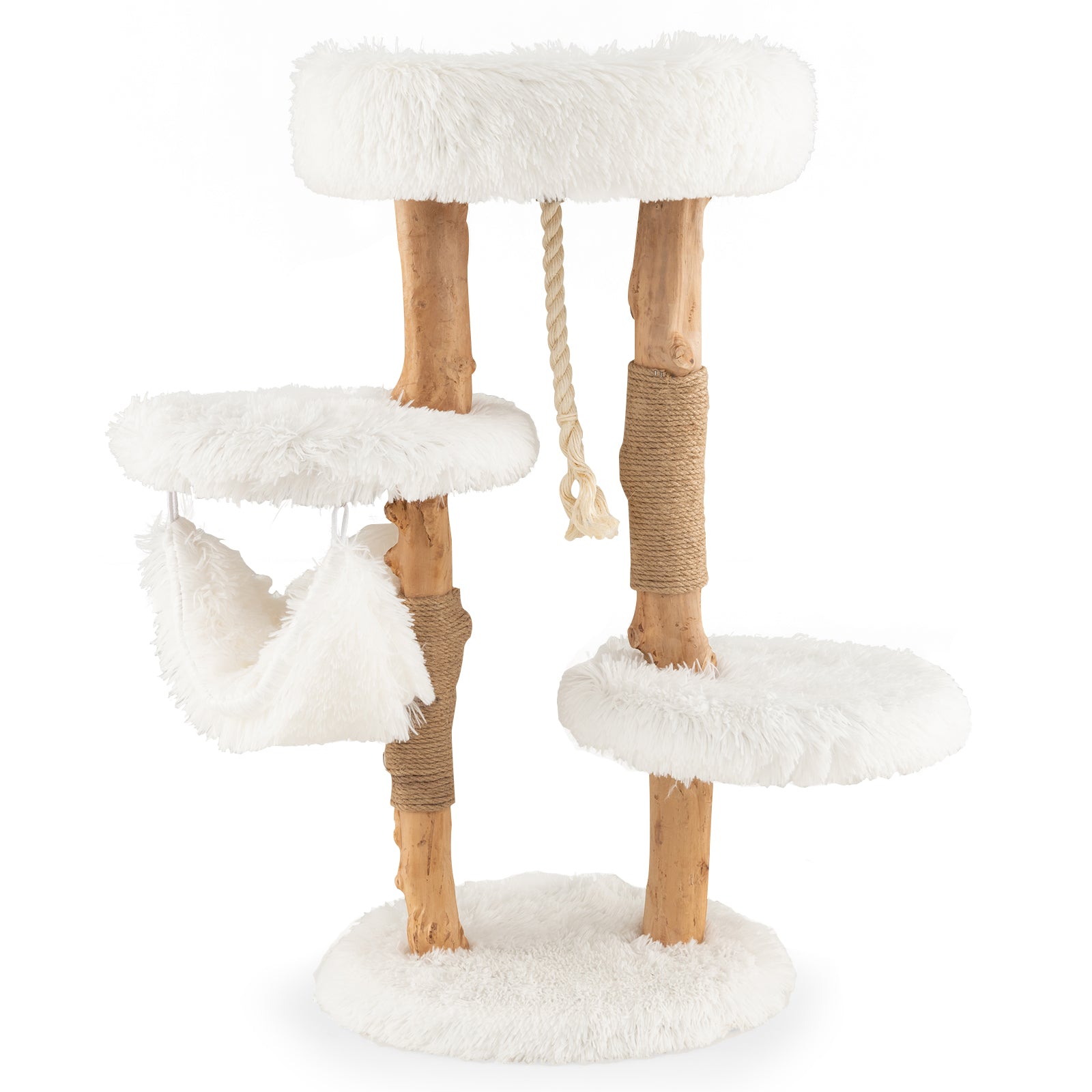 Solid Wood Cat Tower with Jute Scratching Posts and Hanging Rope for Indoor Cats Default Title