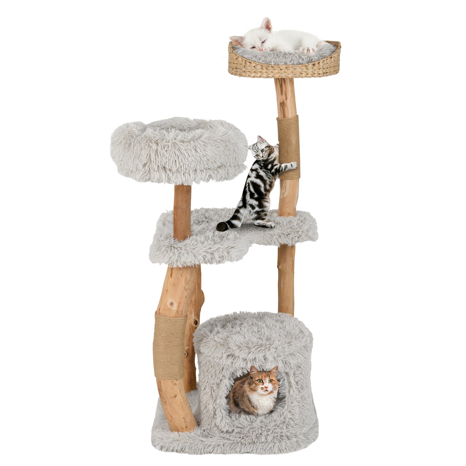 Solid Wood Cat Tower with Top Cattail Basket Cat Bed