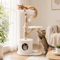 Solid Wood Cat Tree 41" with Real Branches & Cozy Bed Beige