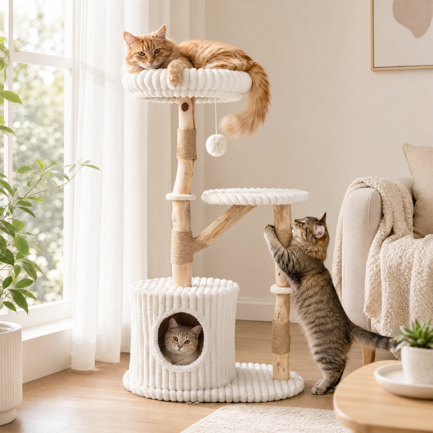 Solid Wood Cat Tree 41" with Real Branches & Cozy Bed Beige
