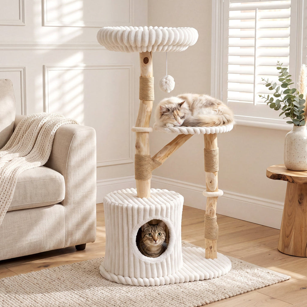 Solid Wood Cat Tree 41" with Real Branches & Cozy Bed