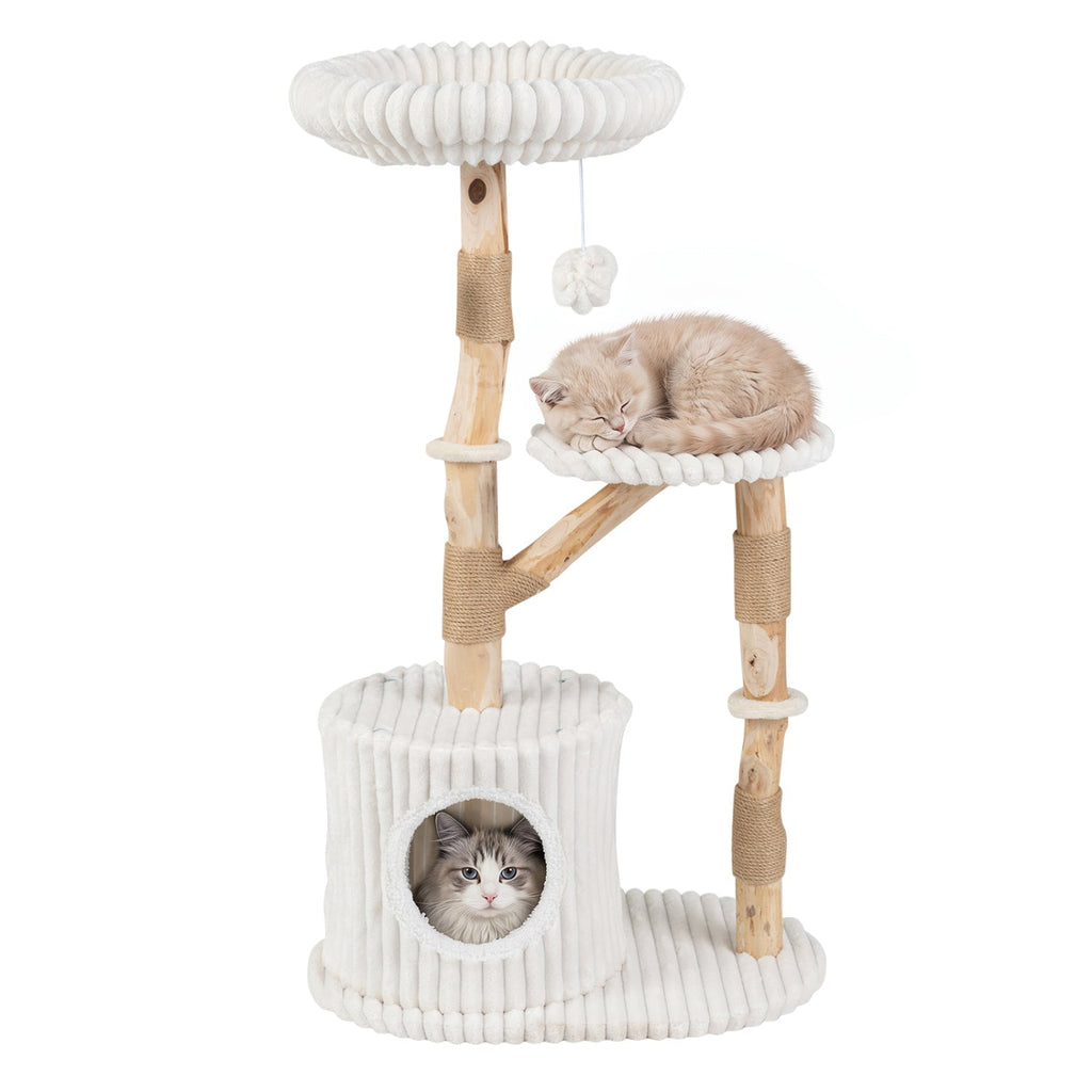 Solid Wood Cat Tree 41" with Real Branches & Cozy Bed