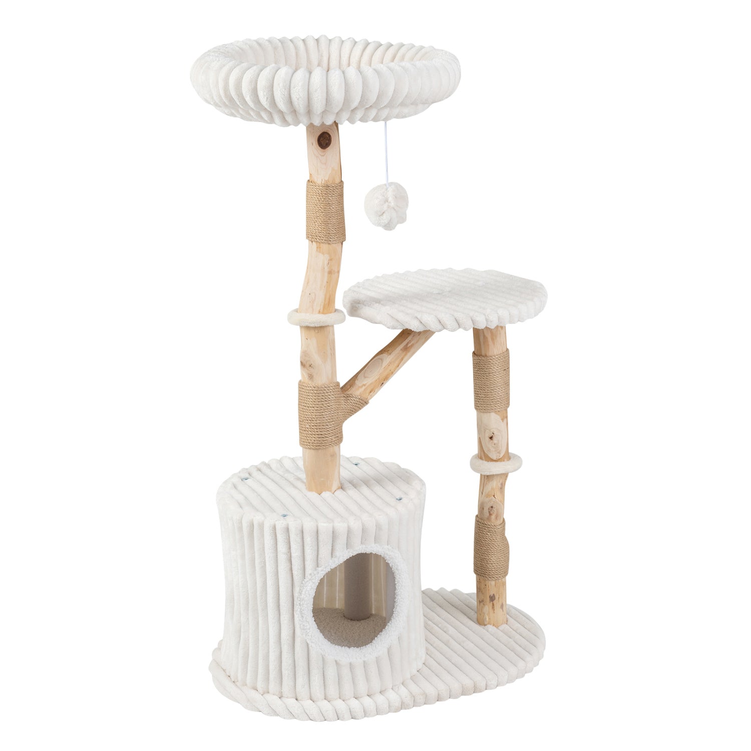 Solid Wood Cat Tree 41" with Real Branches & Cozy Bed