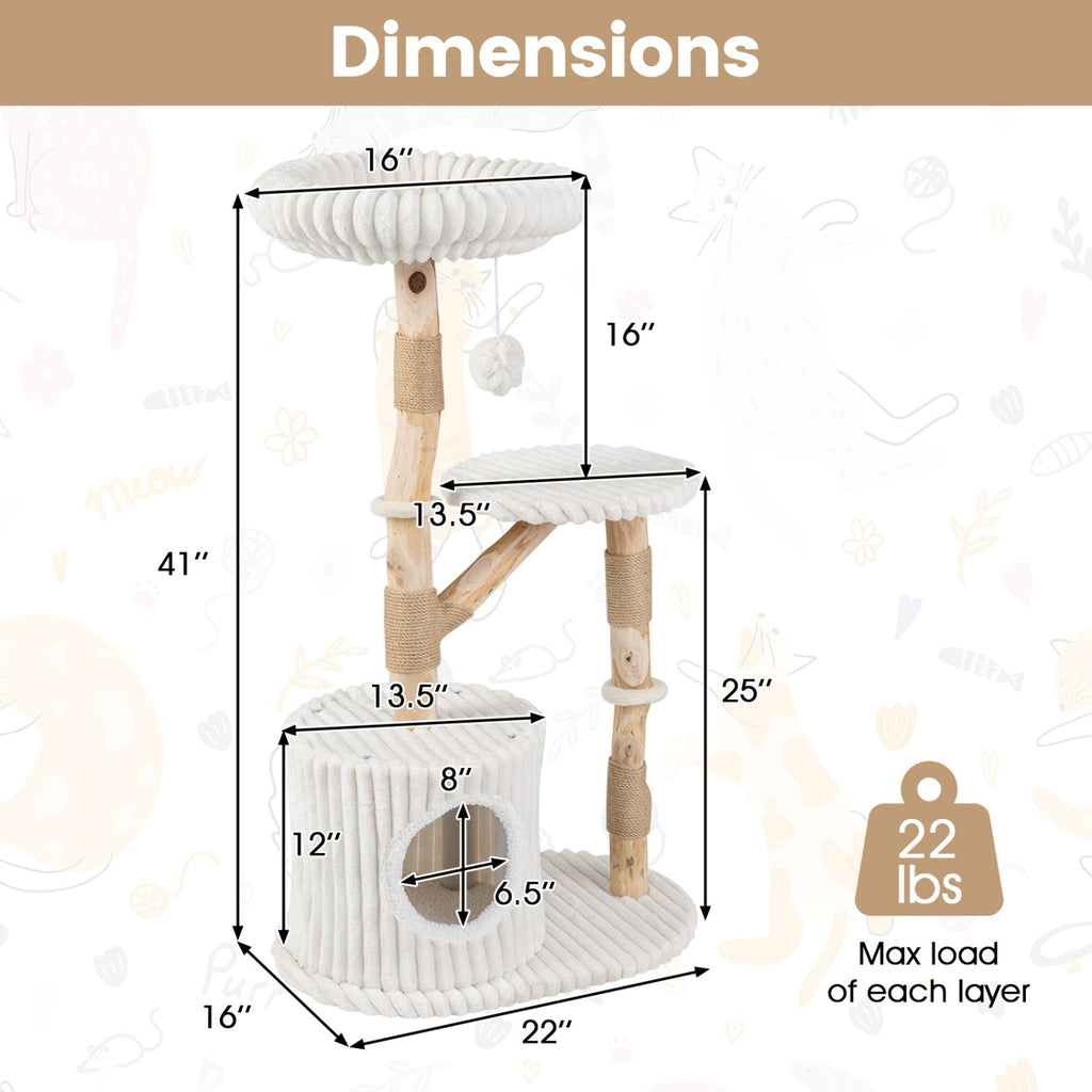 Solid Wood Cat Tree 41" with Real Branches & Cozy Bed