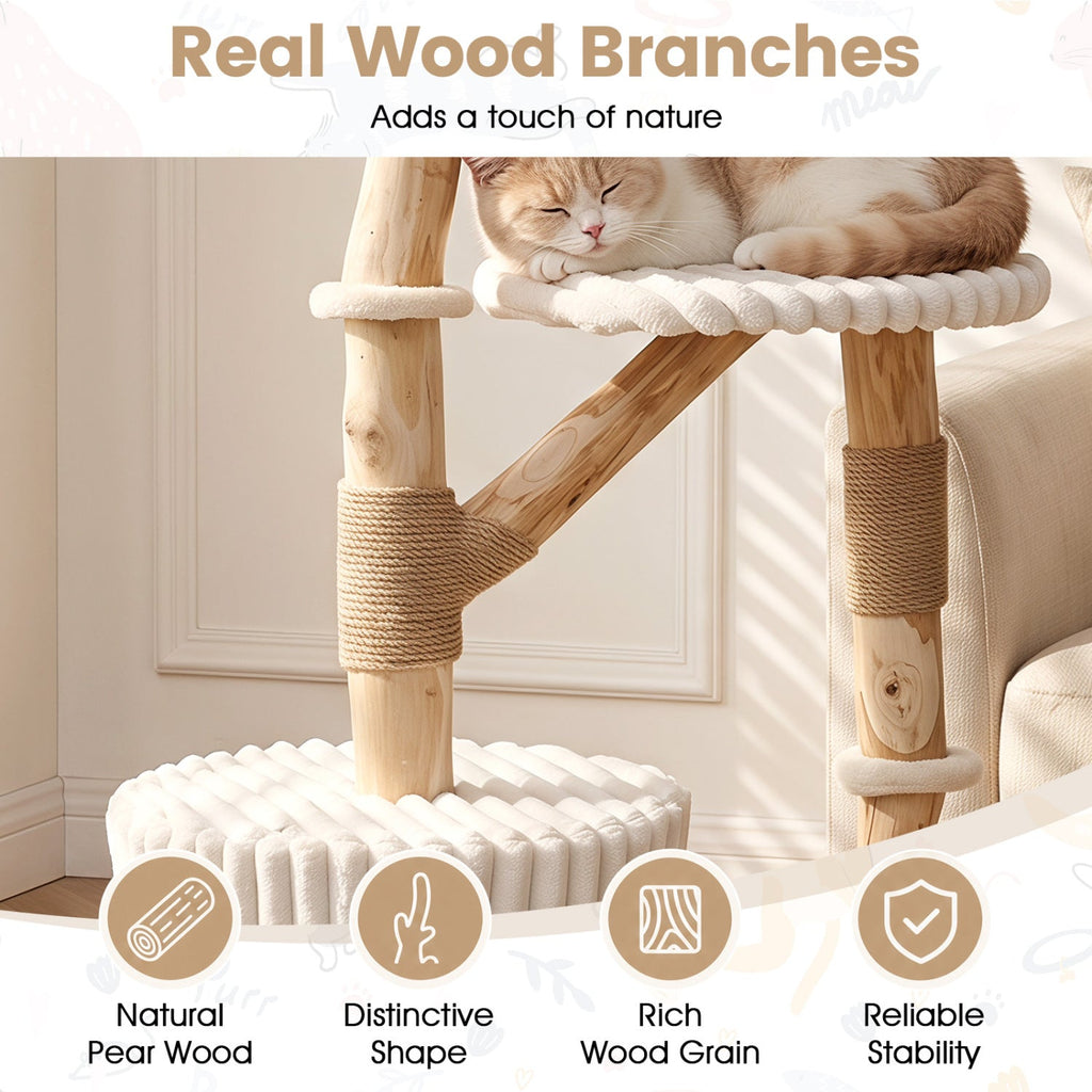 Solid Wood Cat Tree 41" with Real Branches & Cozy Bed