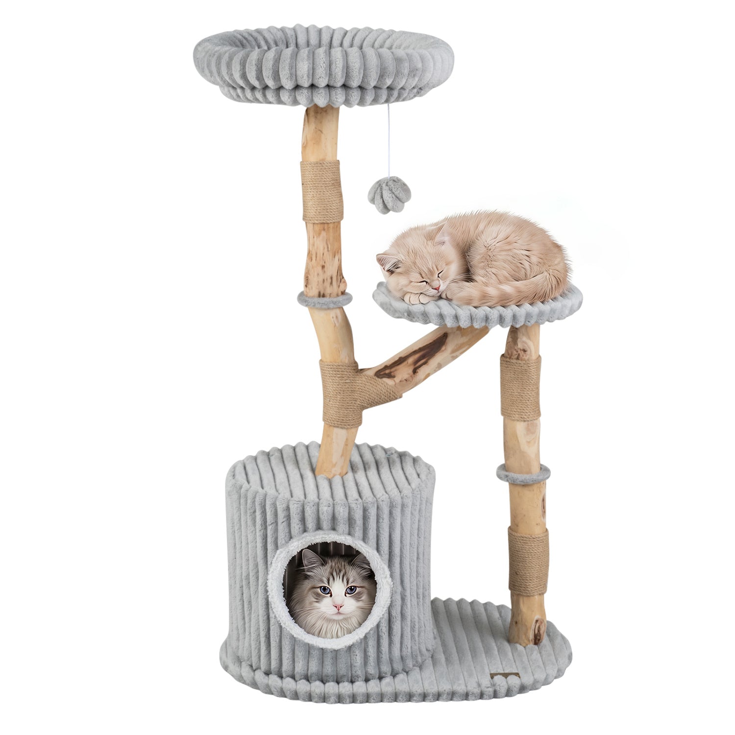 Solid Wood Cat Tree 41" with Real Branches & Cozy Bed