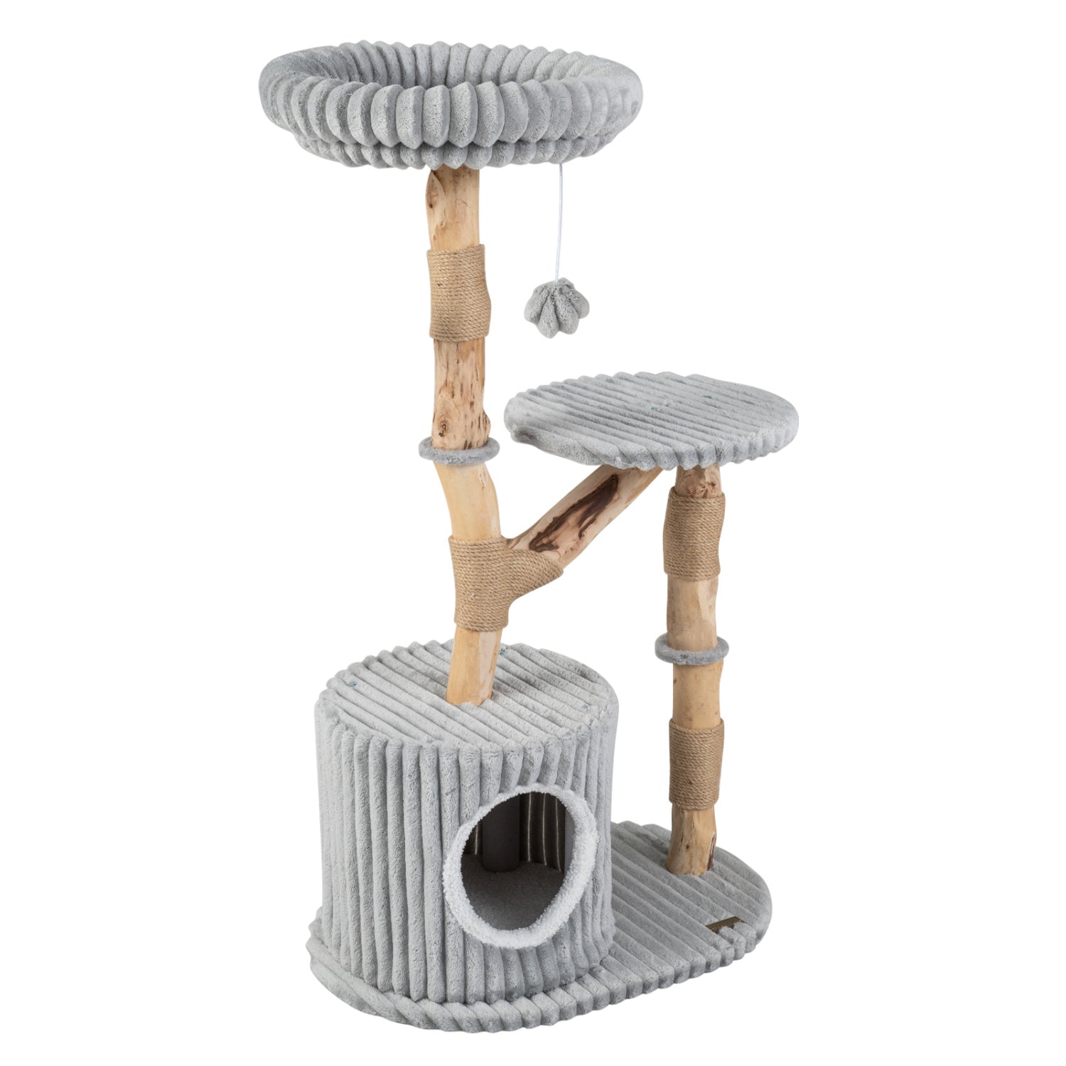 Solid Wood Cat Tree 41" with Real Branches & Cozy Bed