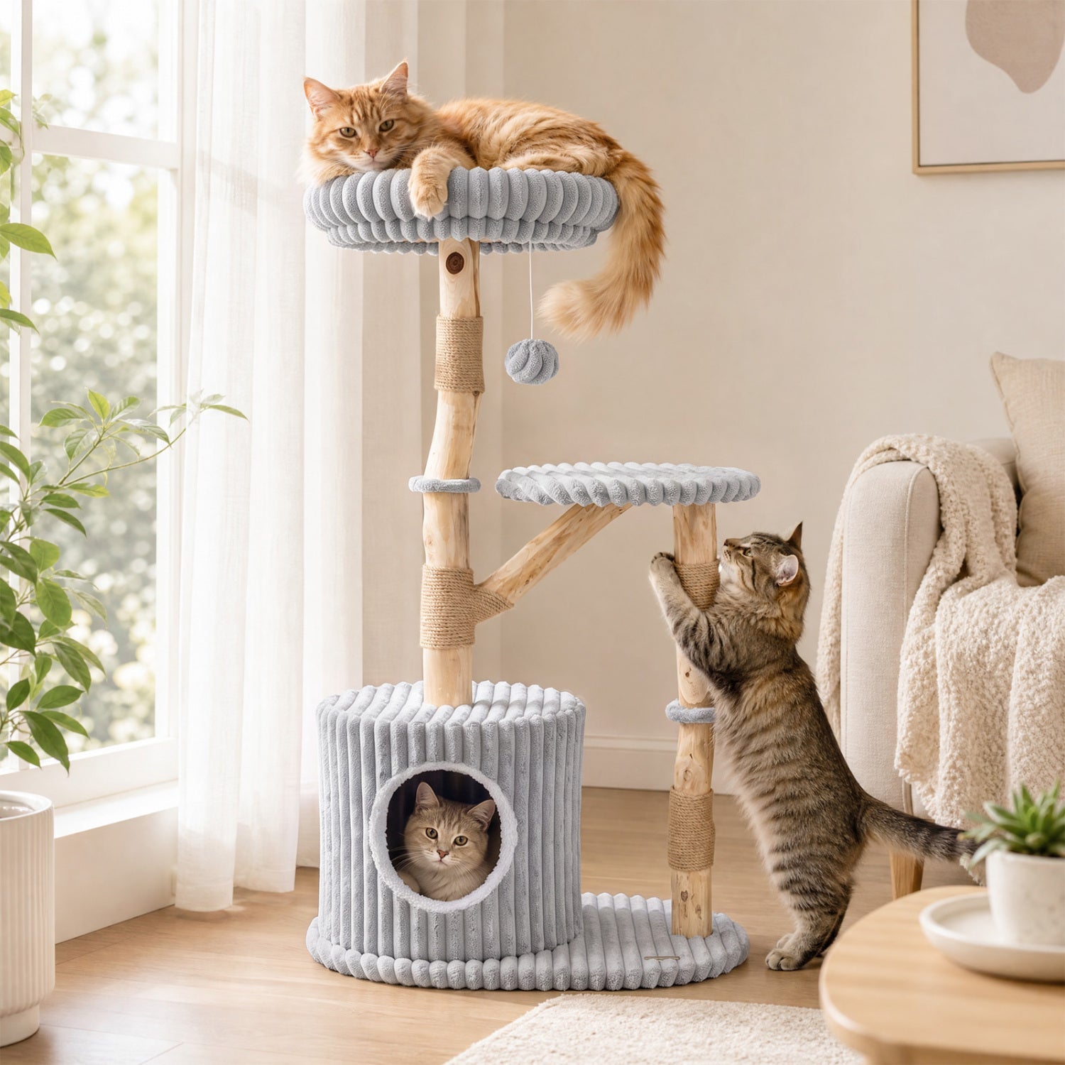 Solid Wood Cat Tree 41" with Real Branches & Cozy Bed Gray