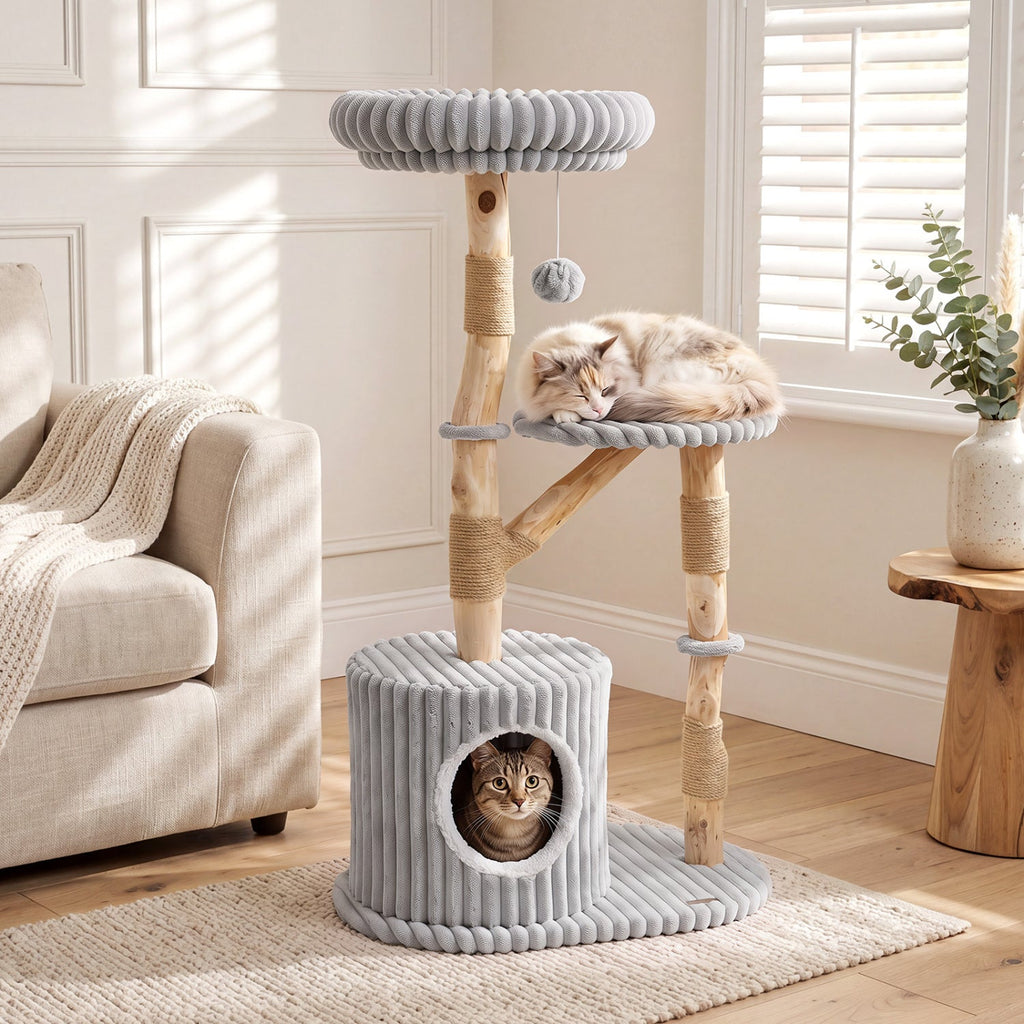 Solid Wood Cat Tree 41" with Real Branches & Cozy Bed