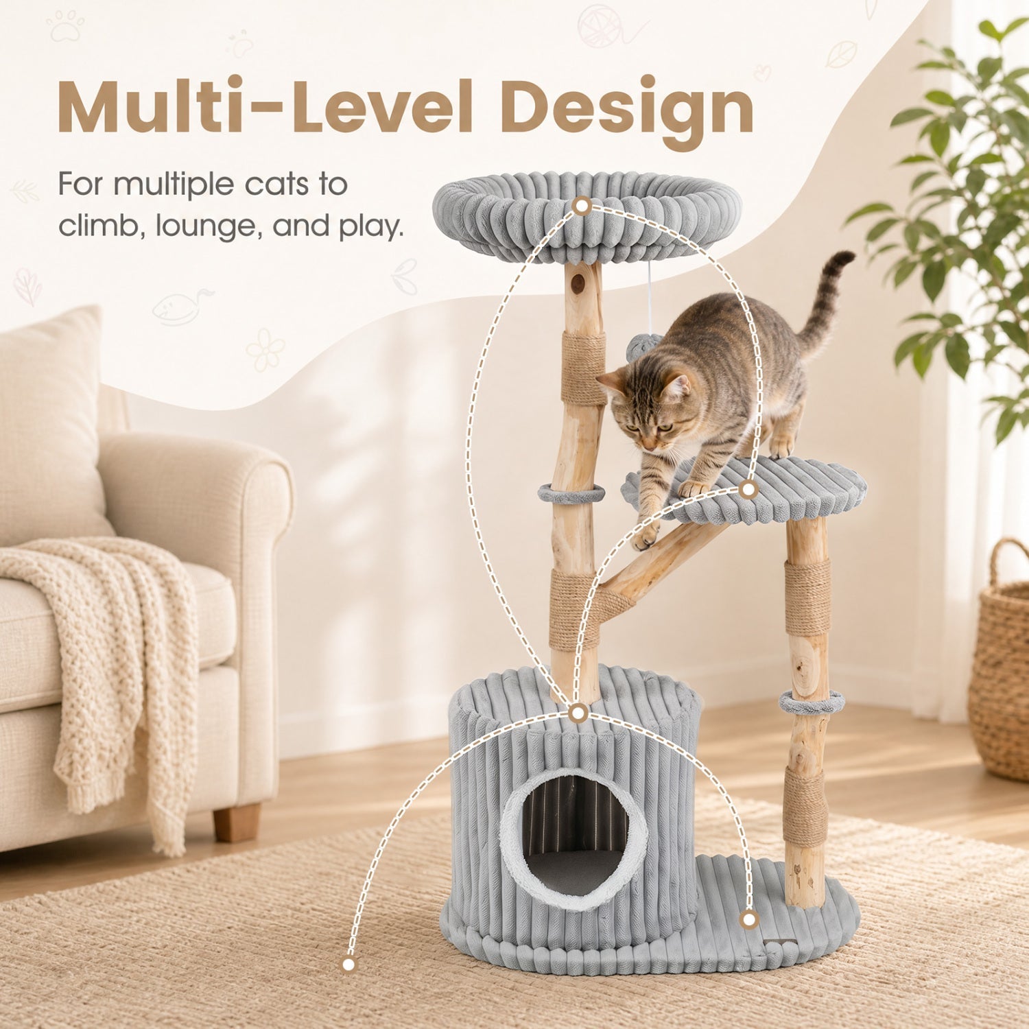 Solid Wood Cat Tree 41" with Real Branches & Cozy Bed