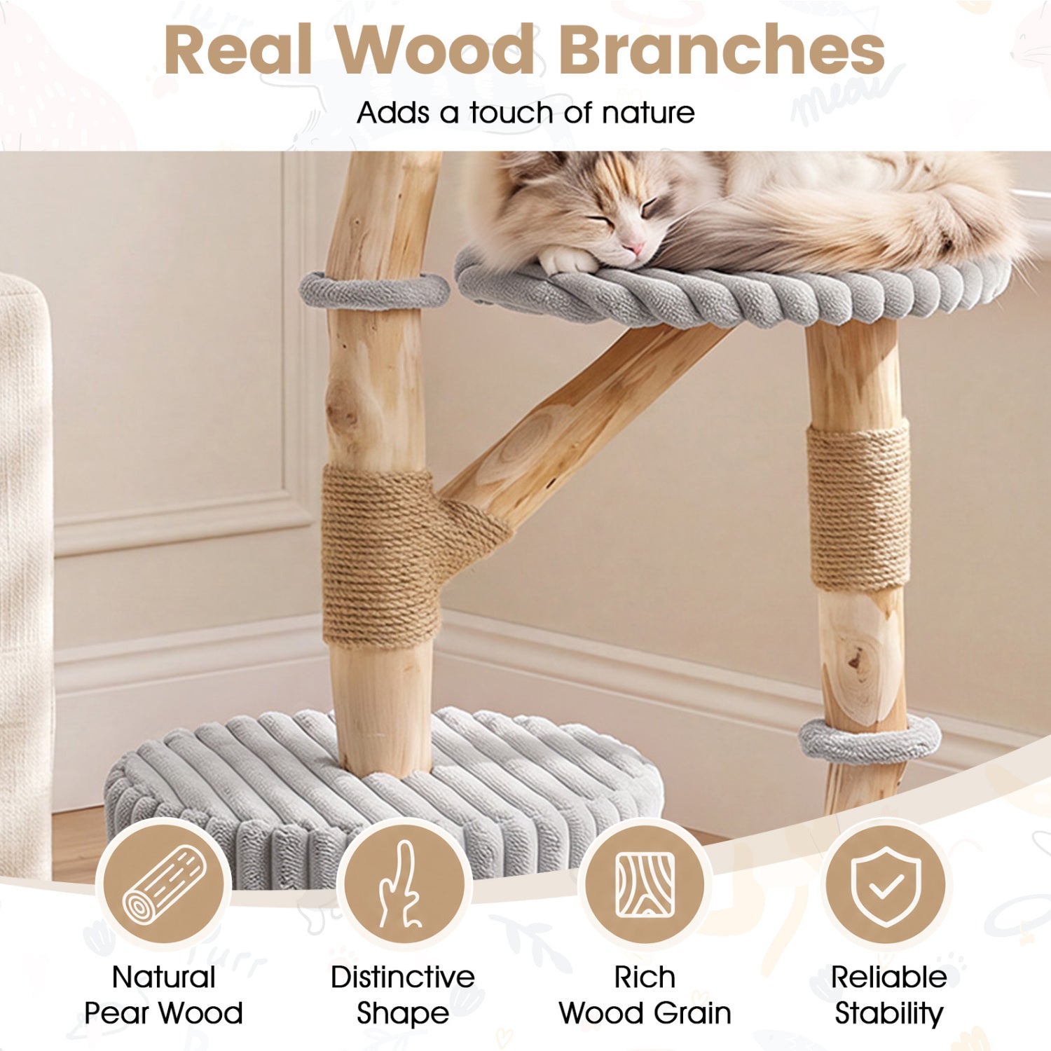 Solid Wood Cat Tree 41" with Real Branches & Cozy Bed