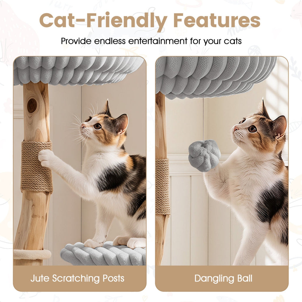 Solid Wood Cat Tree 41" with Real Branches & Cozy Bed
