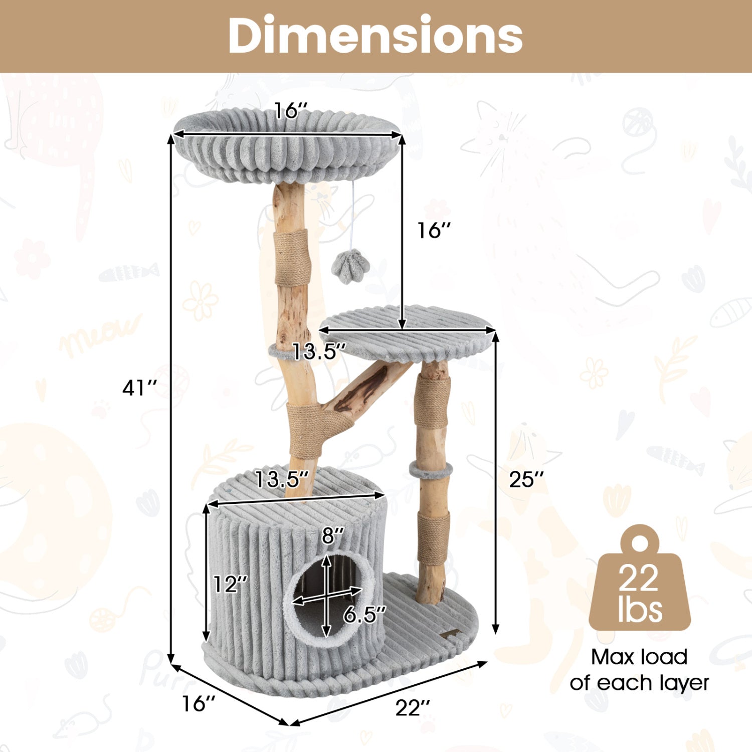Solid Wood Cat Tree 41" with Real Branches & Cozy Bed