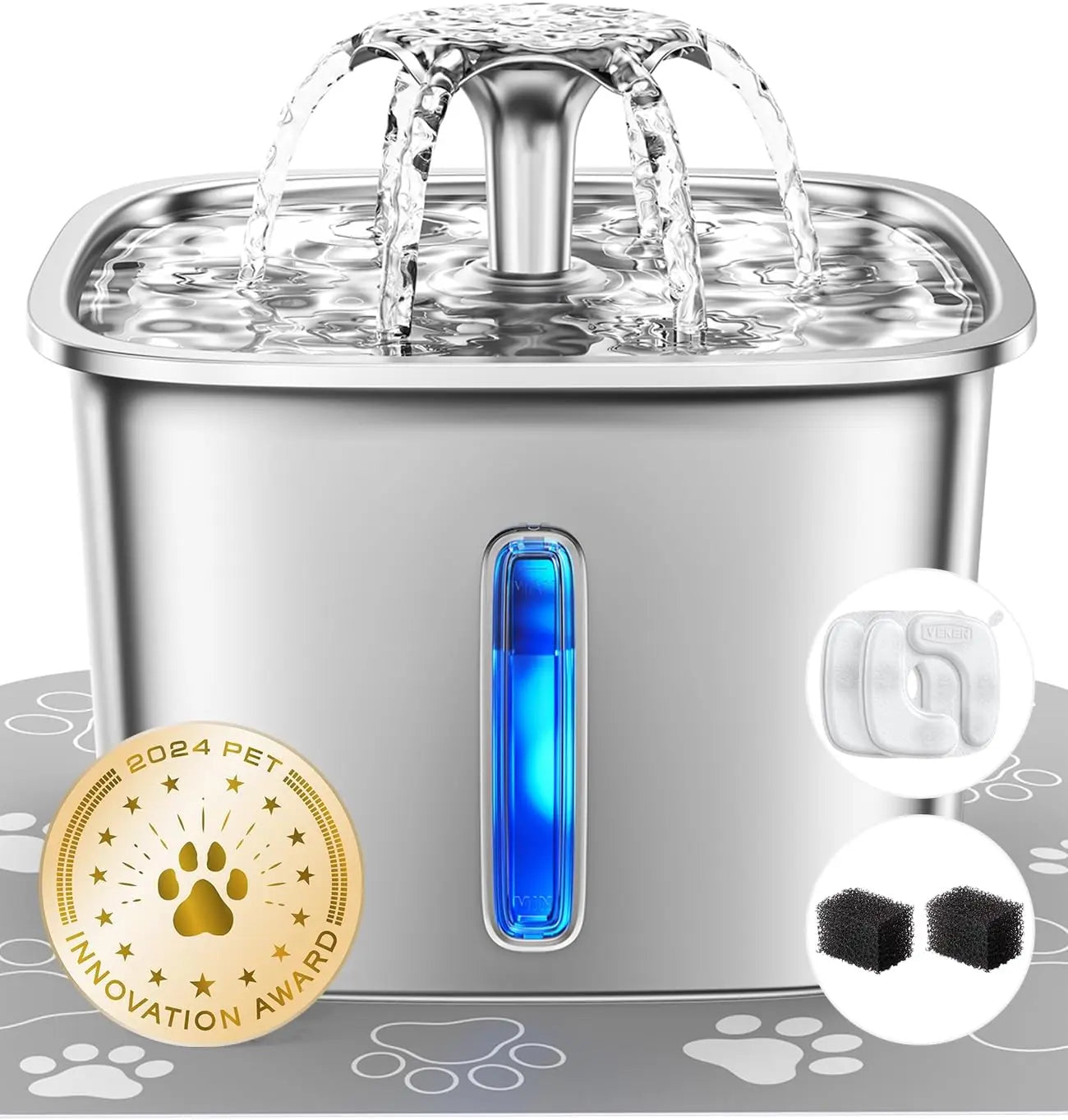Stainless Steel Cat Water Fountain 95oz with 5-Stage Filtration & LED Silver 95Oz+2 Filters+2 Sponges