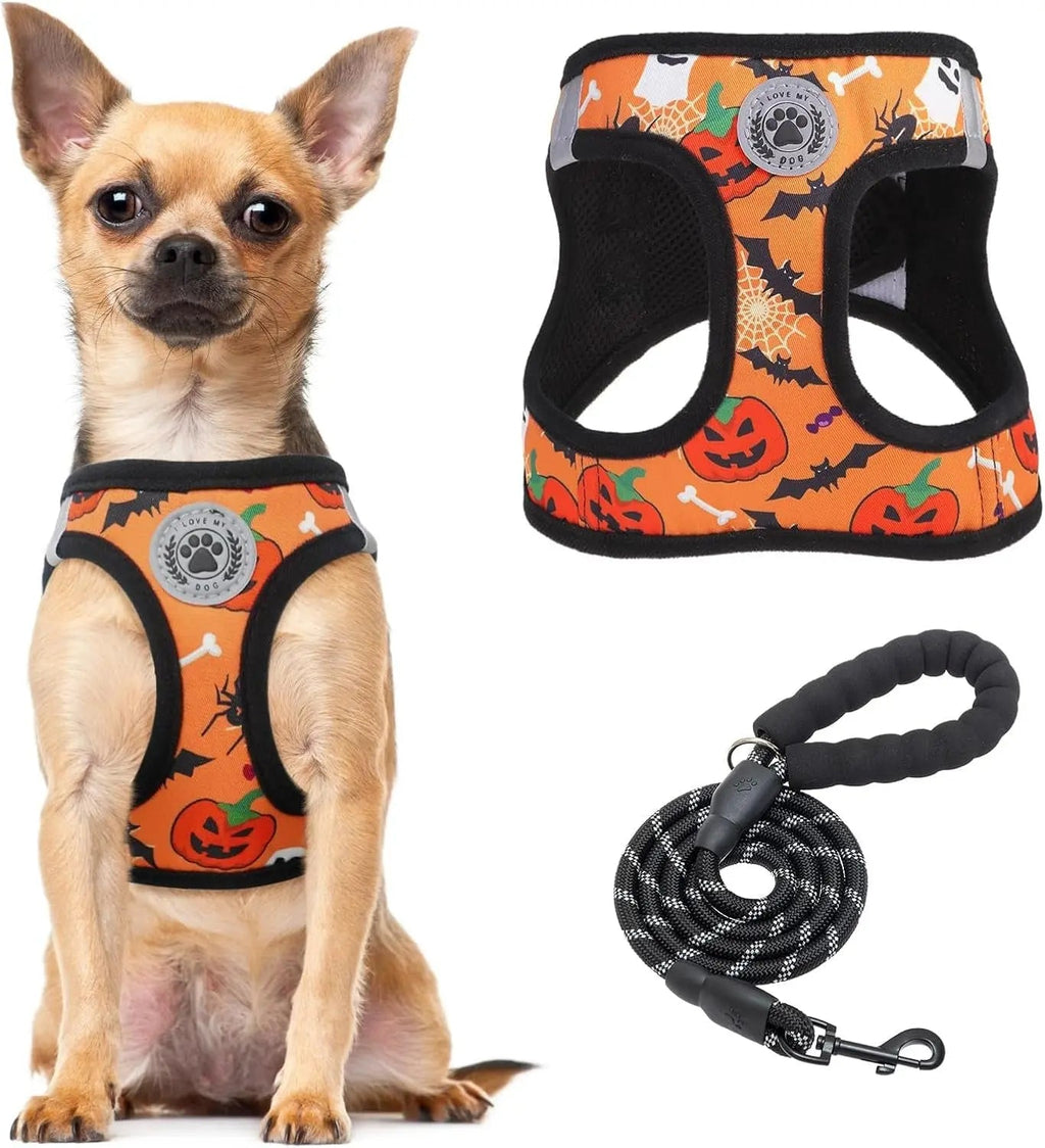 Step-In Dog Harness & Leash Set in Various Patterns – Reflective No Pull (XS- XL) Halloween Xsmall(Chest Girth 13" - 14.5")