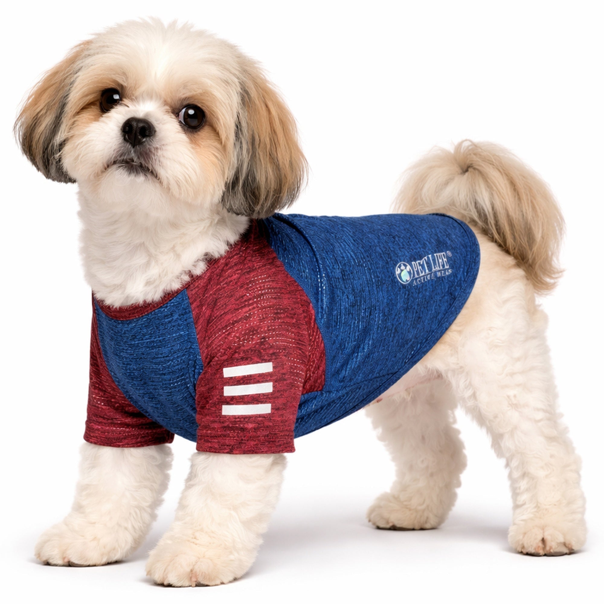 Pet Life ® Active 'Hybreed' 4-Way-Stretch Fitness Performance Dog T-Shirt Blue W Maroon Sleeves