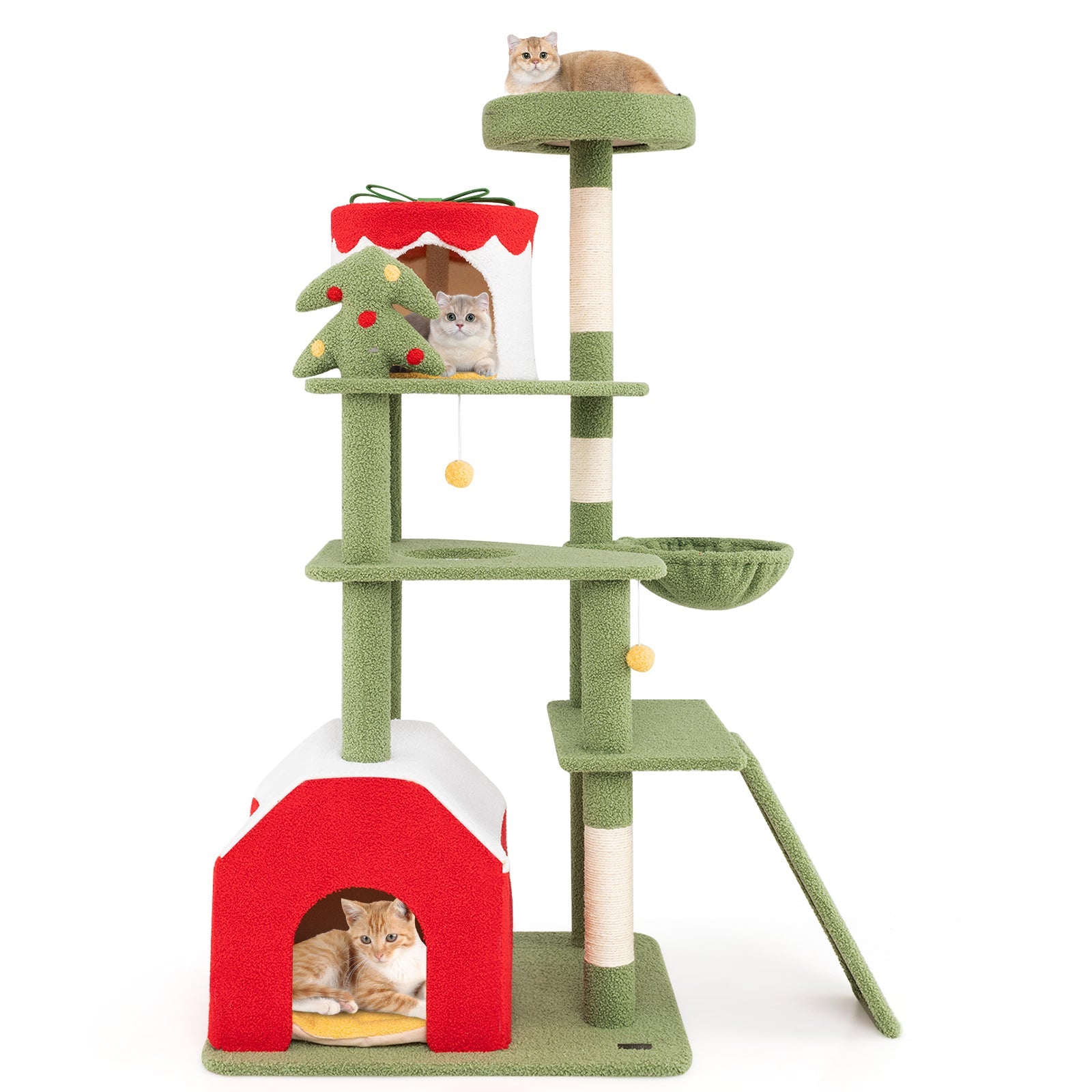 61 Inches Cute Christmas Cat Tree with Sisal Scratching Posts and 2 Condos-Green Default Title