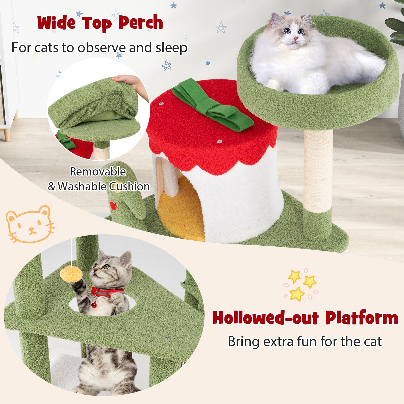 61 Inches Cute Christmas Cat Tree with Sisal Scratching Posts and 2 Condos-Green