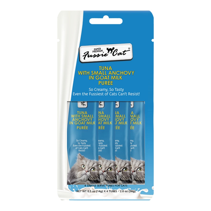 Tuna with Small Anchovy in Goat Milk Puree Cat Treat By Fussie Cat 4 Pack