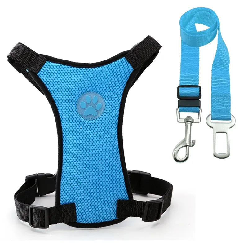 Dog supplies Breathable mesh chest straps Pet car safety chest back Blue Set L