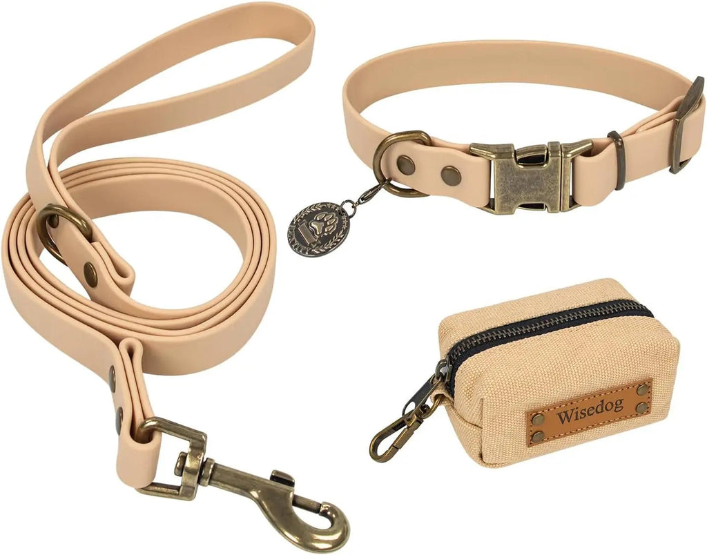 Waterproof Dog Collar & 4FT Leash Set Adjustable XS–XL with Poop Bag Sand Color