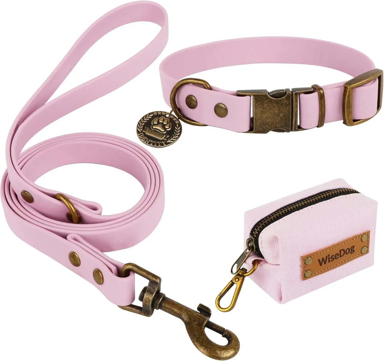 Waterproof Dog Collar & 4FT Leash Set Adjustable XS–XL with Poop Bag Pale Pinkish Purple