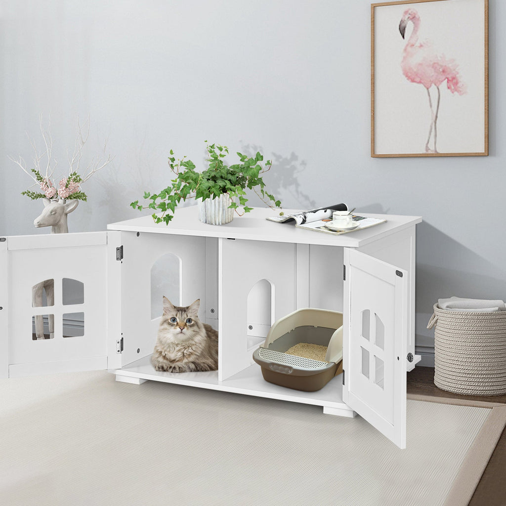 Wooden Cat Litter Box Enclosure with Divider - White