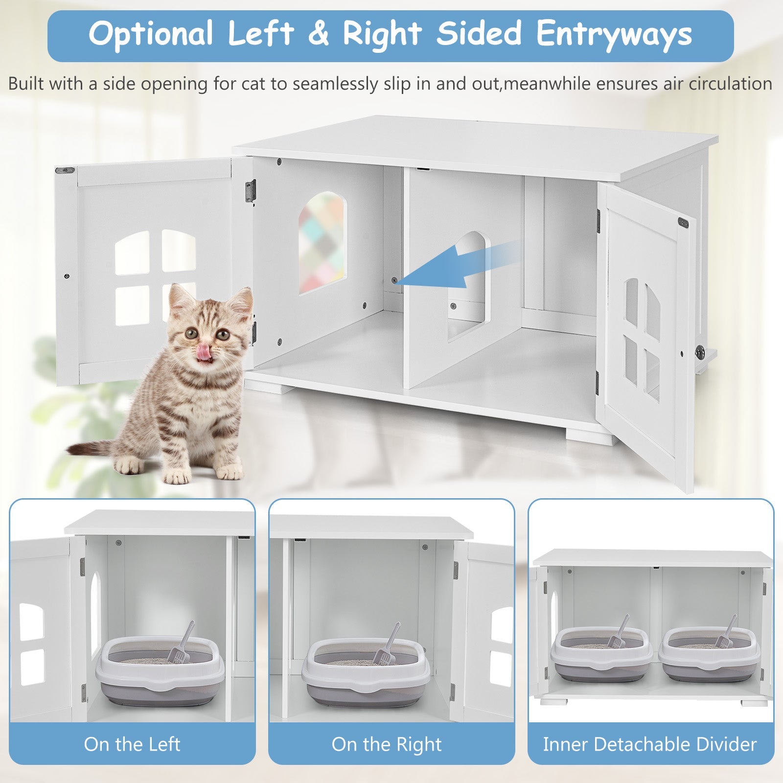 Wooden Cat Litter Box Enclosure with Divider - White