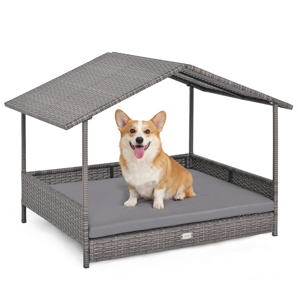 Wicker Dog House Elevated PE Rattan Dog Bed with Canopy Default Title