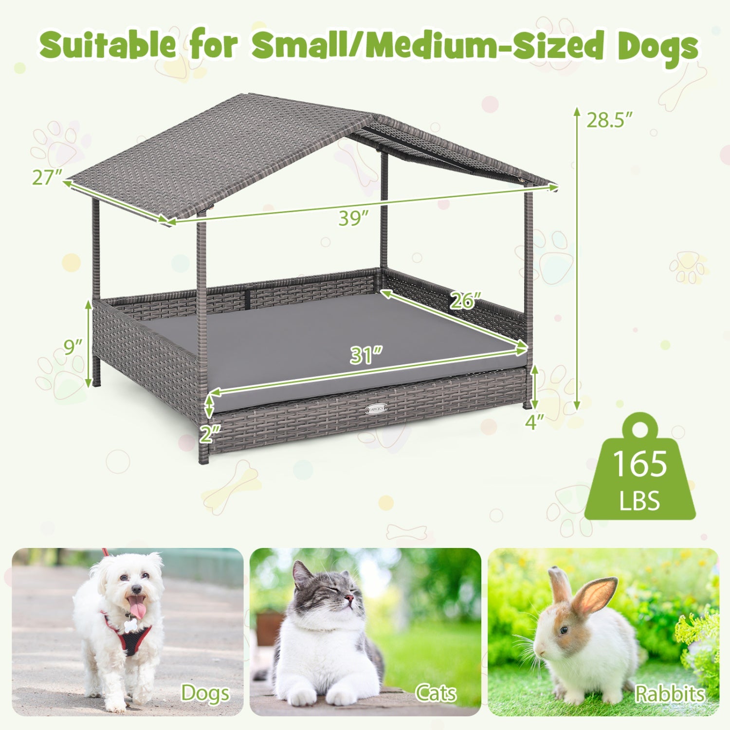 Wicker Dog House Elevated PE Rattan Dog Bed with Canopy