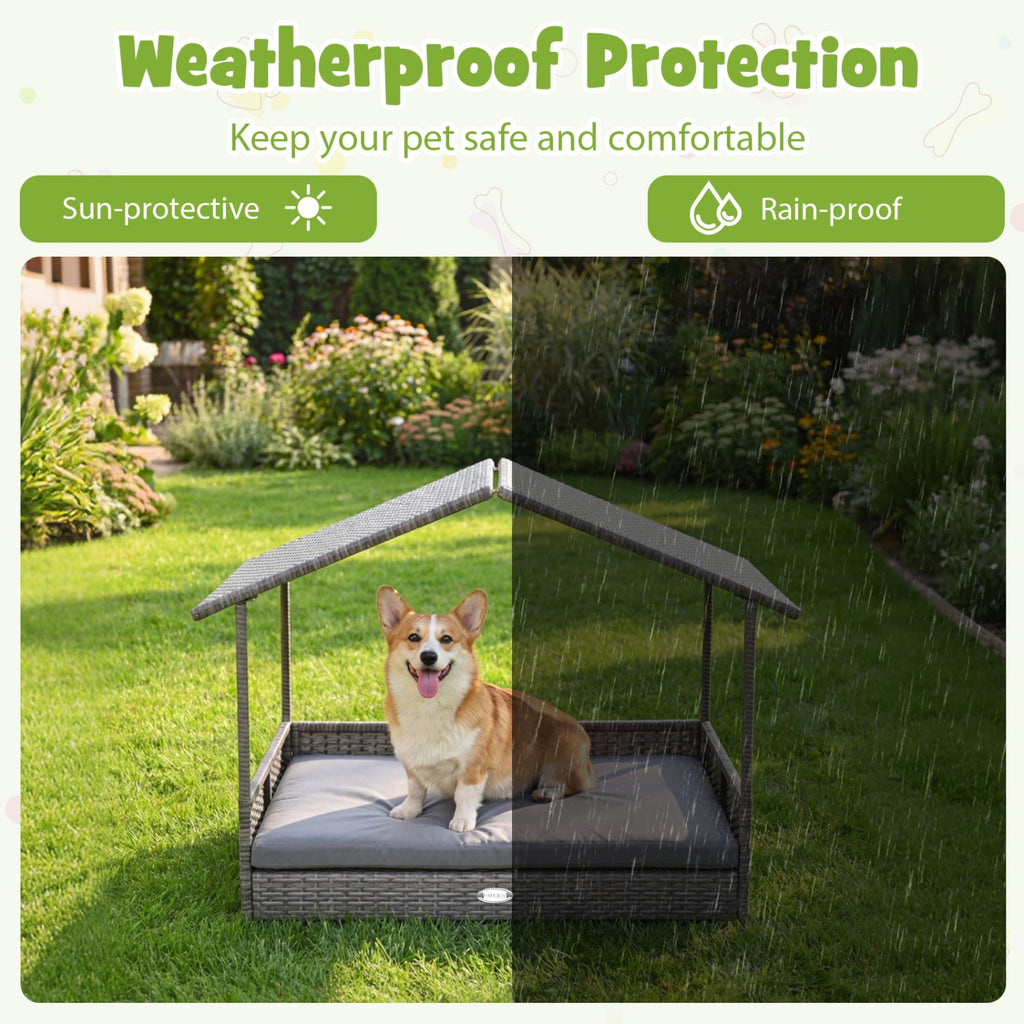 Wicker Dog House Elevated PE Rattan Dog Bed with Canopy