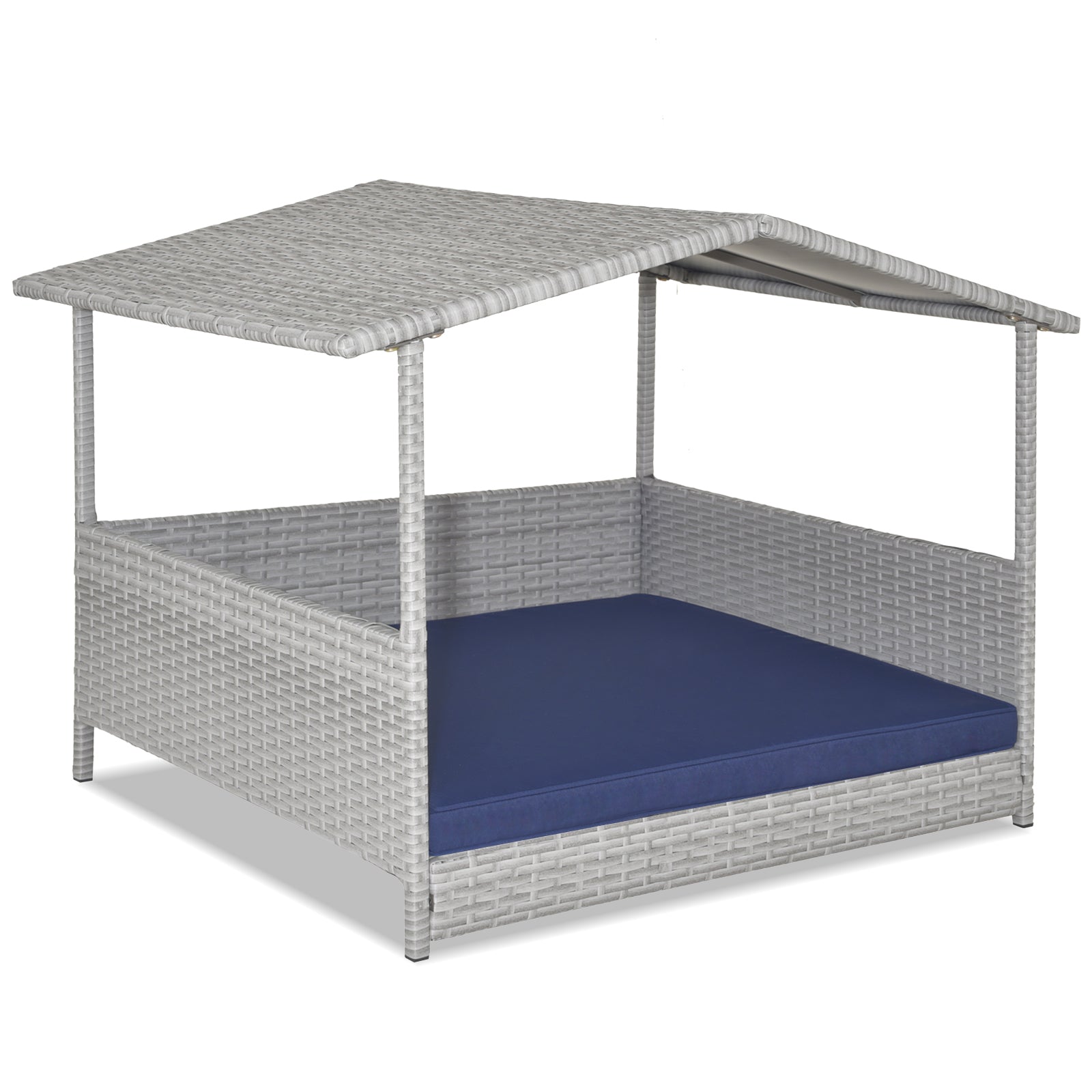 Wicker Dog House with Waterproof Roof and Washable Cushion Cover Navy