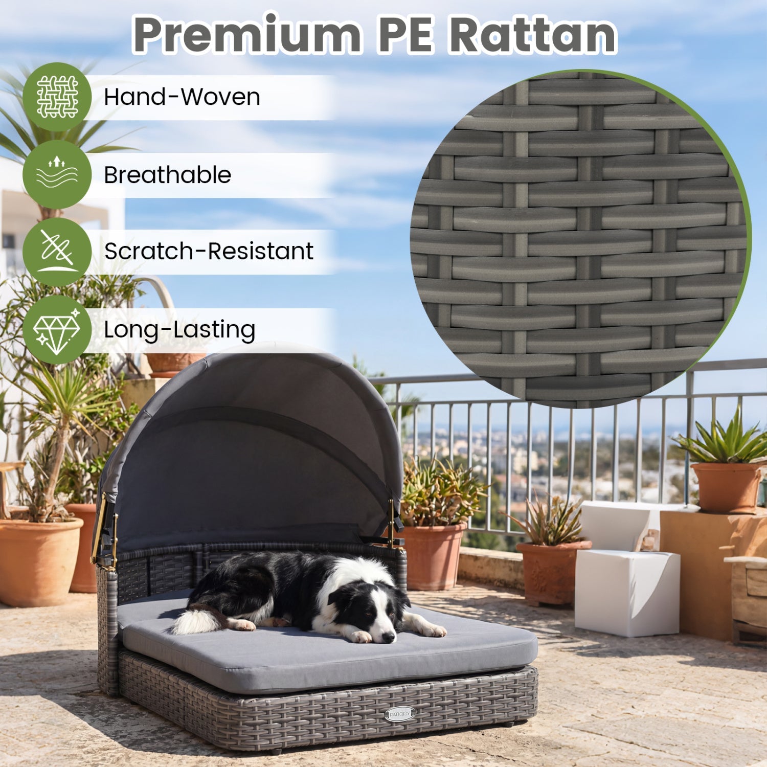 Wicker Dog House with Adjustable Canopy & Cushions