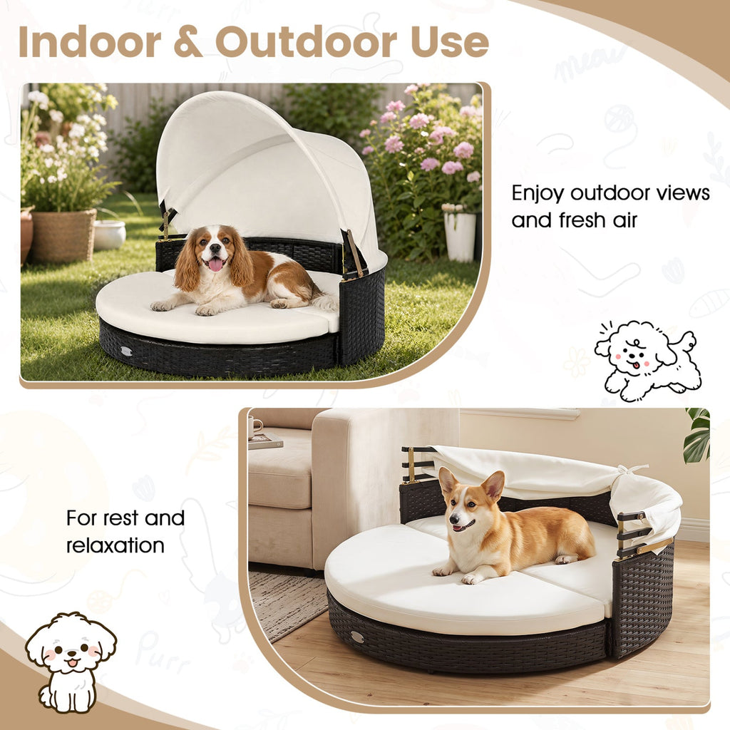 Wicker Dog House with Retractable Canopy & Cushion