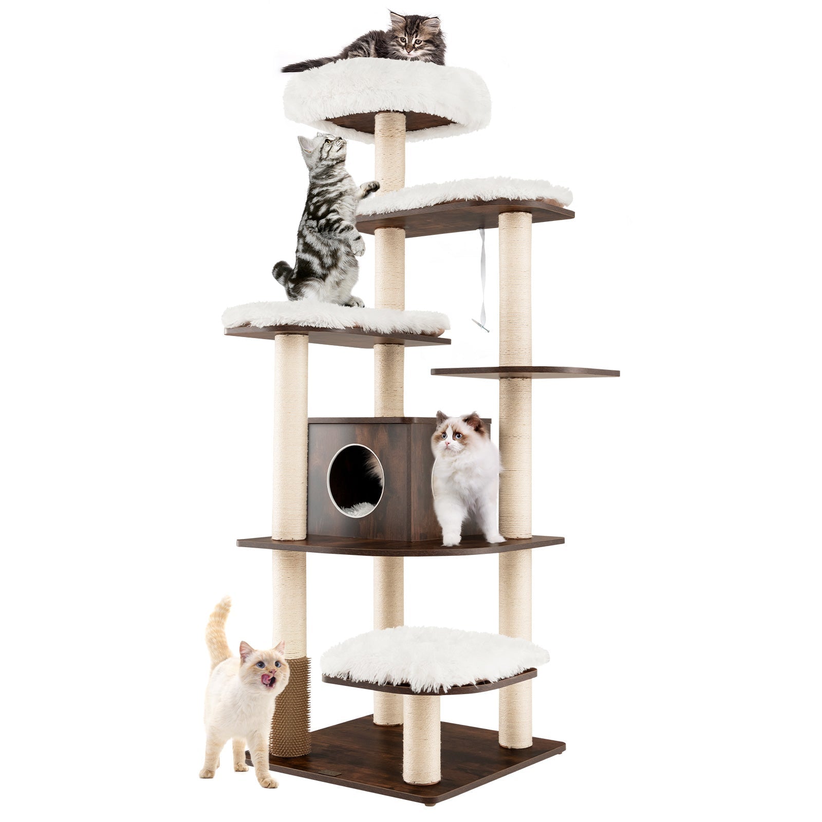 7-Layer Wooden Cat Tree Tall Cat Tower with Sisal Posts and Condo Brown
