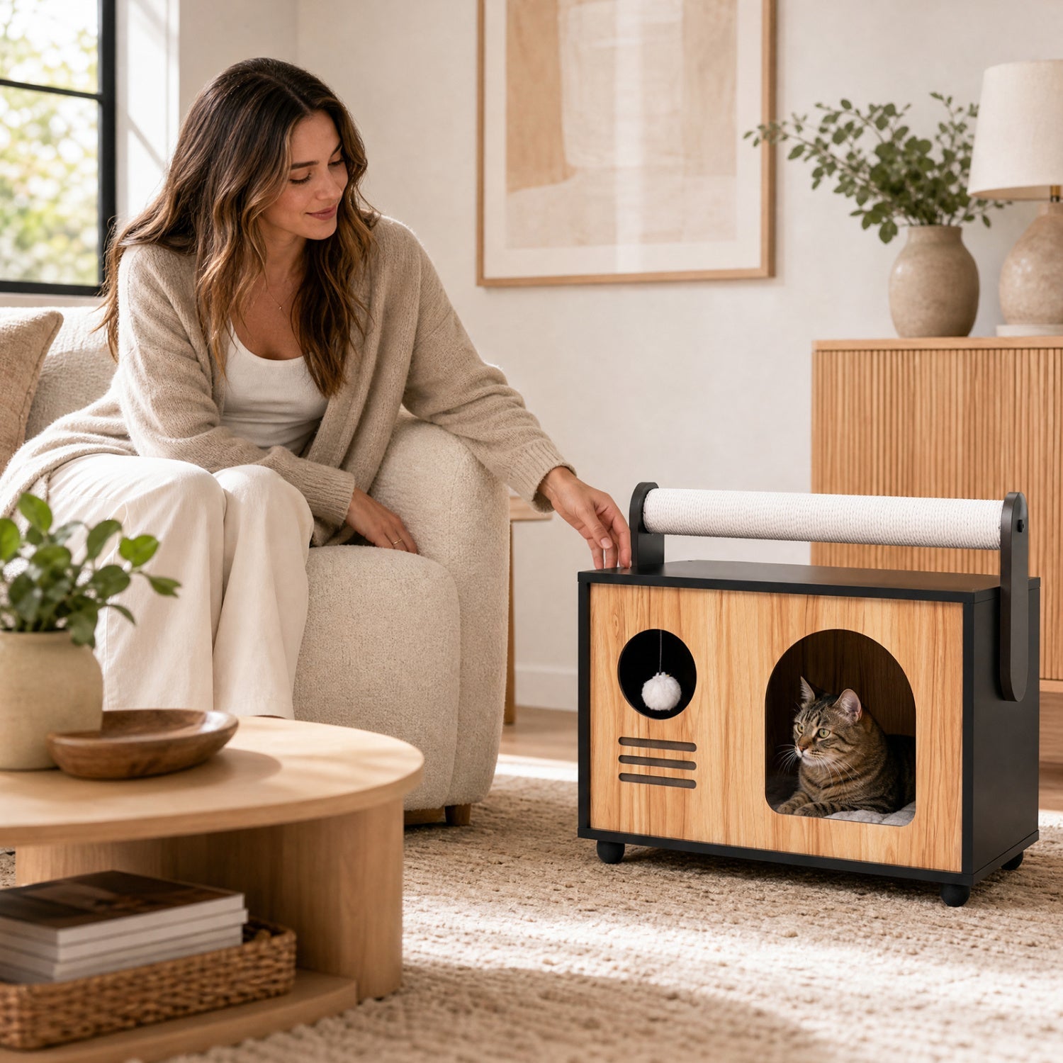 Wooden Cat House with Scratching Post and Cushion Default Title
