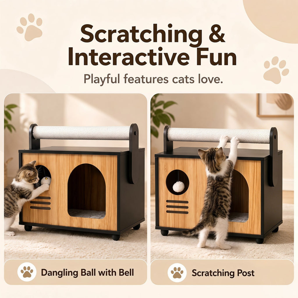 Wooden Cat House with Scratching Post and Cushion