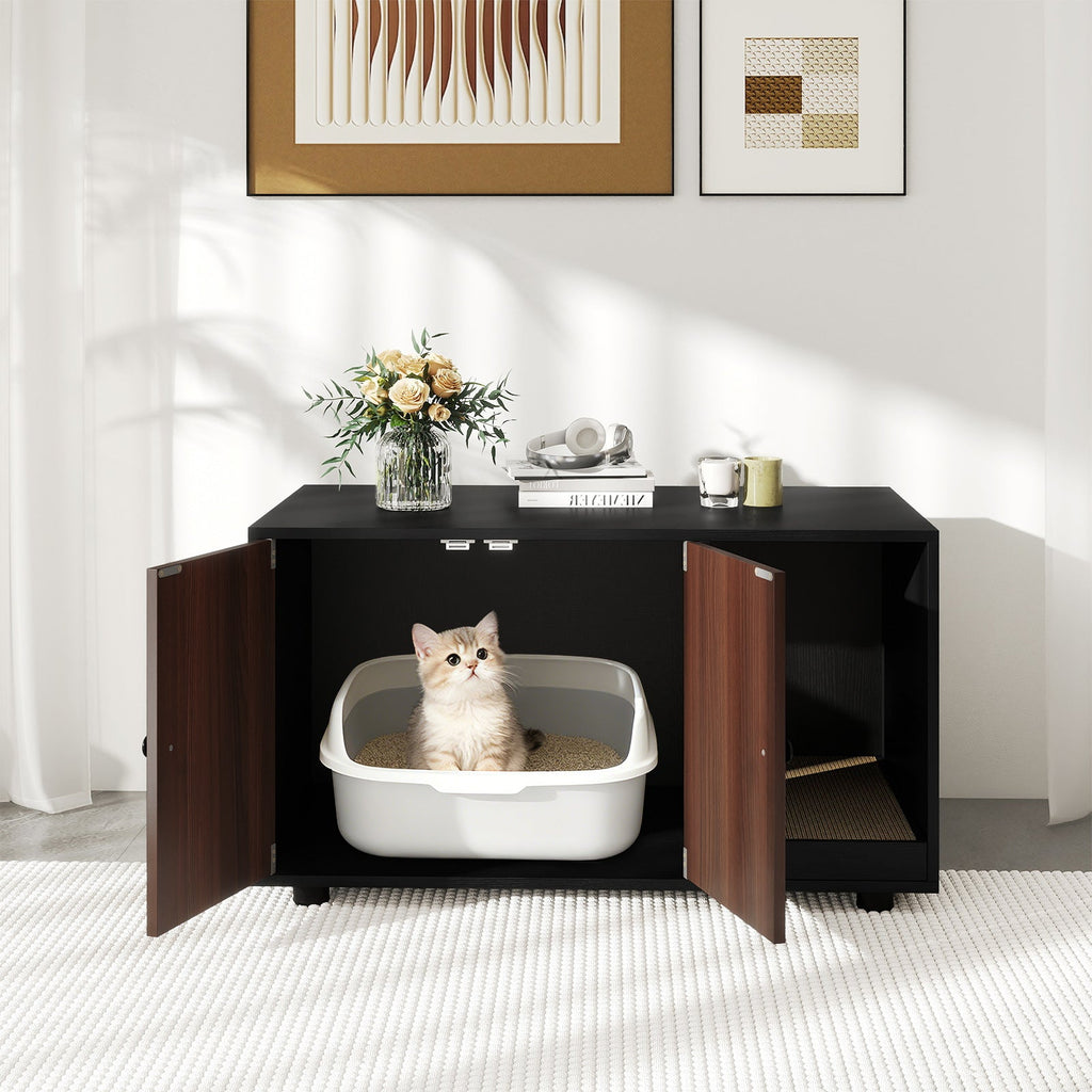 Wooden Cat Litter Box Enclosure Hidden Litter Box Furniture with Scratching Board