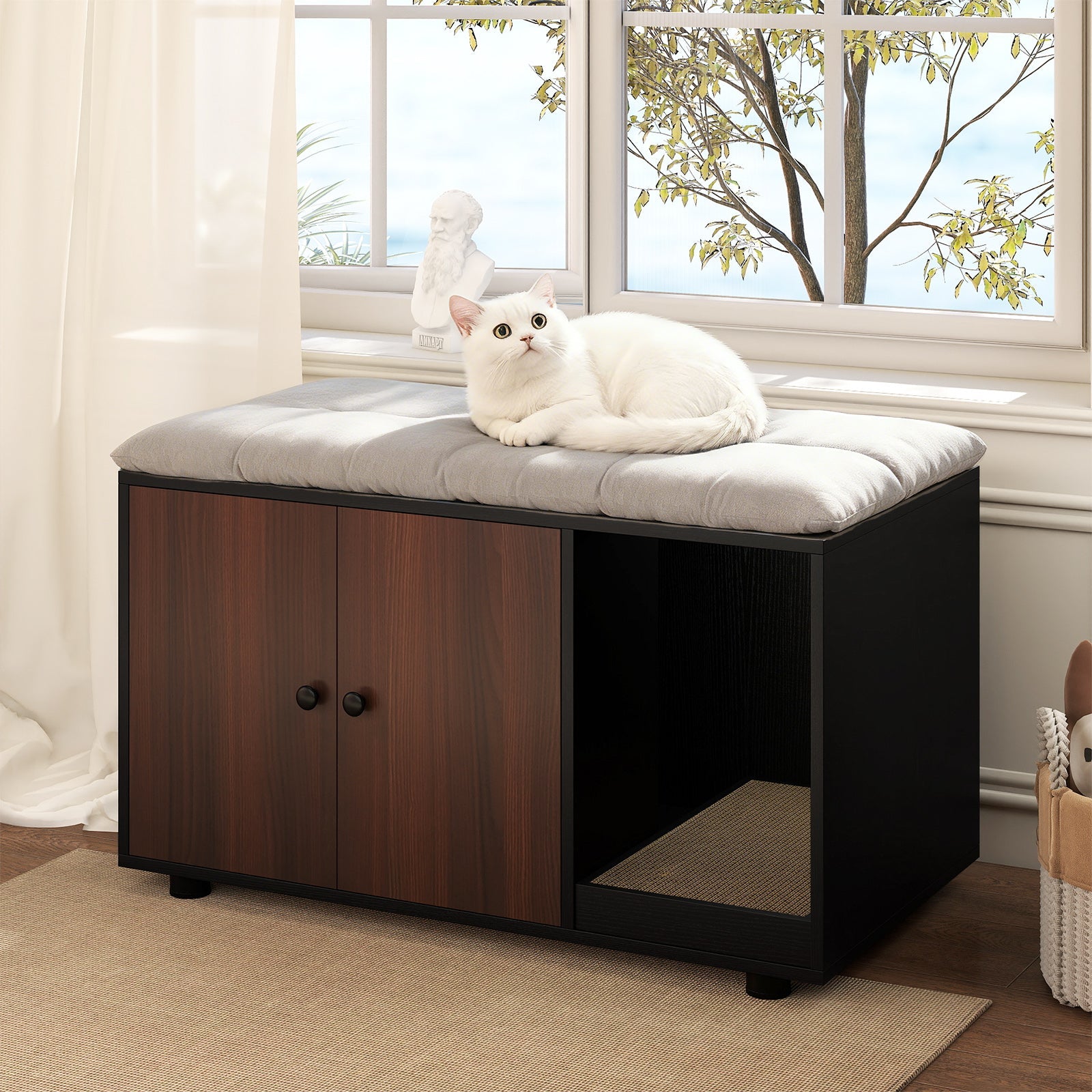 Wooden Cat Litter Box Enclosure Hidden Litter Box Furniture with Scratching Board