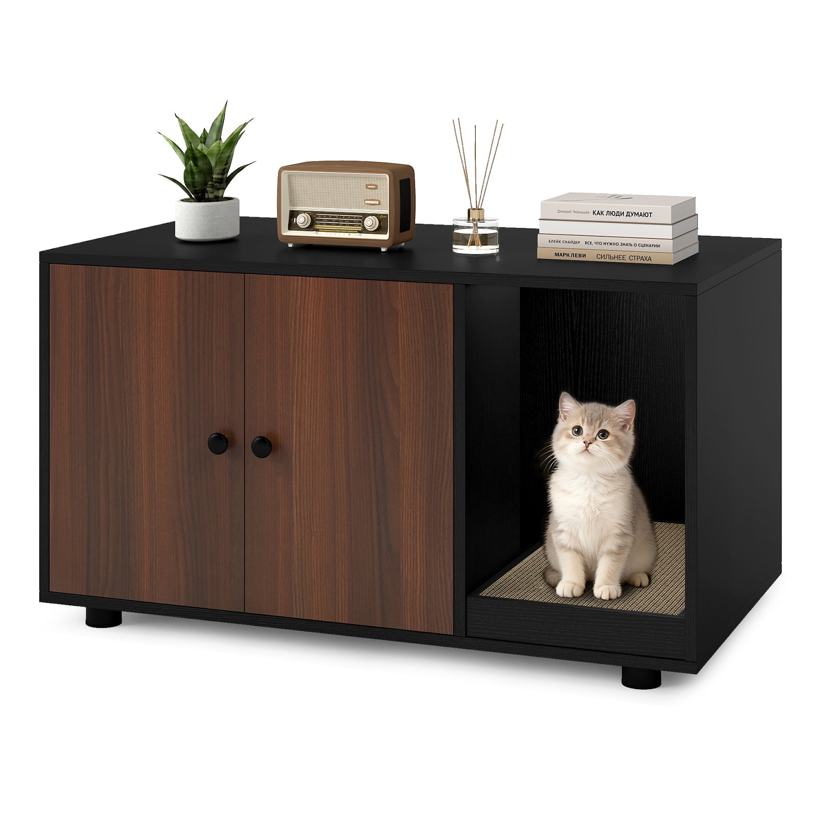Wooden Cat Litter Box Enclosure Hidden Litter Box Furniture with Scratching Board Black