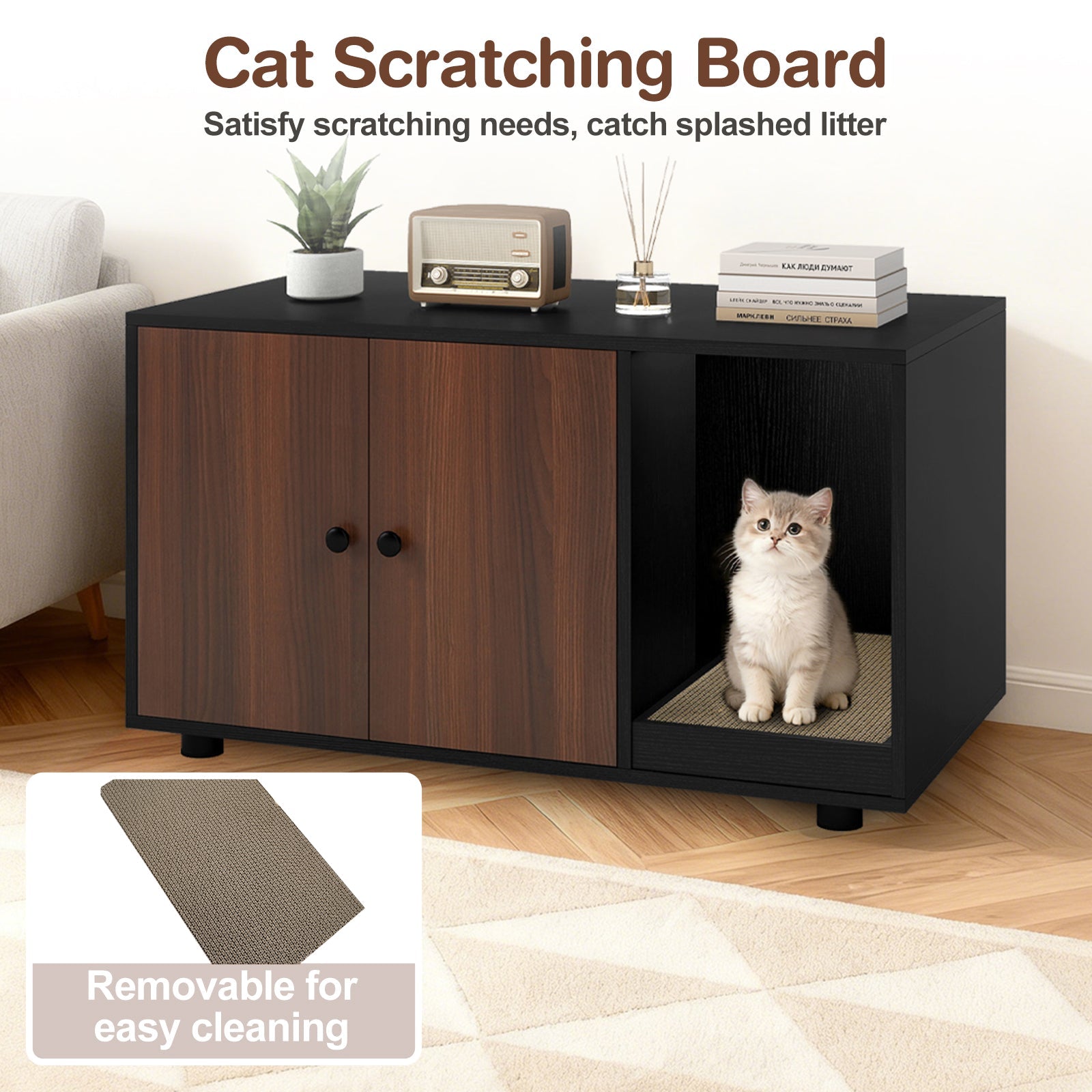Wooden Cat Litter Box Enclosure Hidden Litter Box Furniture with Scratching Board