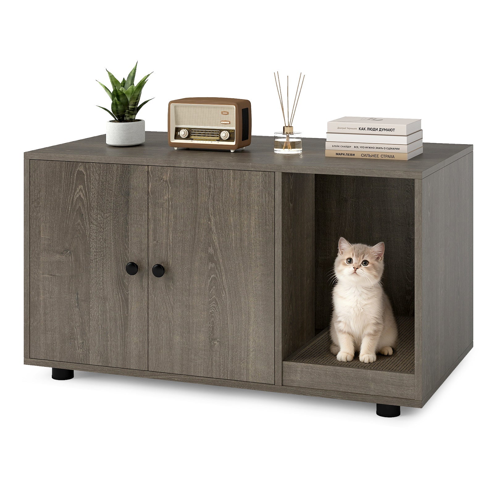 Wooden Cat Litter Box Enclosure Hidden Litter Box Furniture with Scratching Board Oak