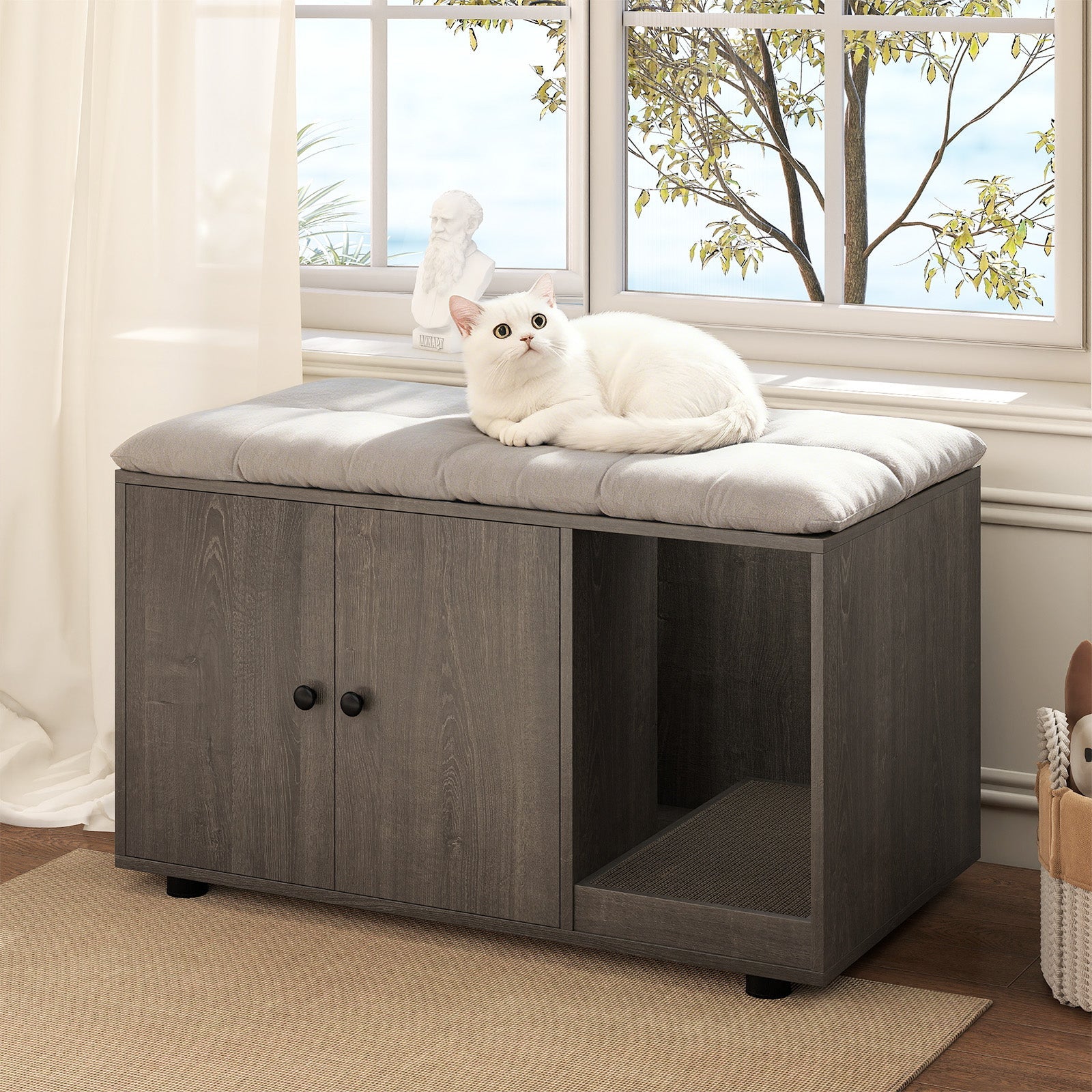 Wooden Cat Litter Box Enclosure Hidden Litter Box Furniture with Scratching Board