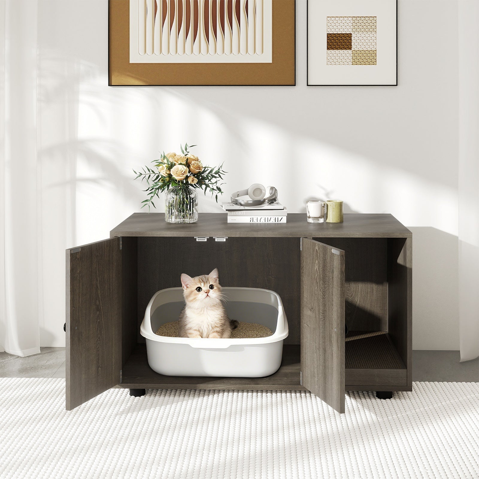 Wooden Cat Litter Box Enclosure Hidden Litter Box Furniture with Scratching Board